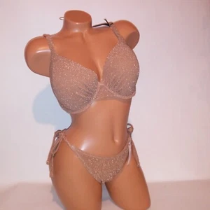 Victoria Secret Swim Bikini 36DDD Top Medium Bottom Tan Gold Sparkle Glitter New - Picture 1 of 12