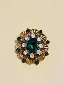VTG Coro Signed Pin Brooch Pendant Rare Ornate Rhinestone Blue Green Victorian - Picture 1 of 5