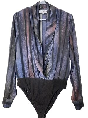 复古 80 年代 Donna Degnan 金属色透明紧身衣包 V 领正式上衣 14 码 — 第 1/4 张图片