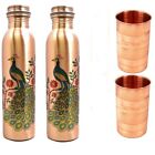 Peacock Design Copper Water Bottles, 1000ML, Set of 2 Copper Bottle With 2 Glass