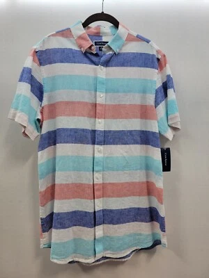 Camisa Top Club Room Para Hombres Botón Frontal Mezcla de Lino Talla Mediana Azul Rayas 3586 Foto 1 de 4