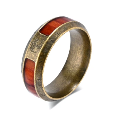Anillo de boda con incrustaciones de madera de acero inoxidable árbol de la vida runas vikingas tamaño 7-13 Foto 1 de 2