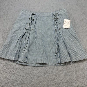 Free People Skirt Women's 12 Blue White Railroad Stripe Lace Up Mini Lined Boho - Picture 1 of 10