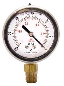2" Oil Filled Pressure Gauge, SS Case, 1/4" NPT, Lower Mount, -30HG/0PSI - Picture 1 of 5