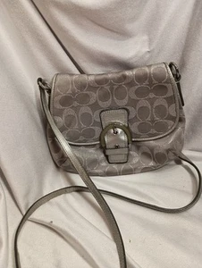 Coach Silver Metallic C Signature With Leather Trim Crossbody Shoulder Bag - Picture 1 of 7