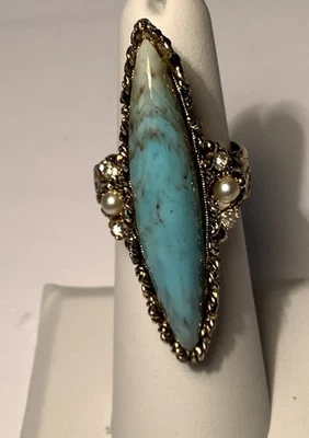 Juego de piedras preciosas Larimar en tono dorado filigrana y circonitas y perlas transparentes talla 4,5 (2411) Foto 1 de 4