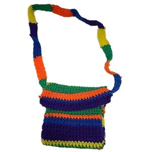 Vintage Crochet Tote Bag Purse Handmade Colorful Stripe Block 70s Hippie Boho - Picture 1 of 7