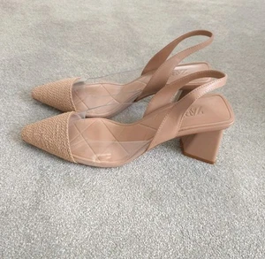 Zara Beige Woven Shoes Block Heel Sandals 6 39 - Picture 1 of 7