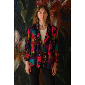 Jo Hardin Button Front Blazer Jacket Multicolor Womens Size 10 Patchwork Rayon - Picture 1 of 7