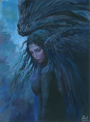 original painting 30 x 40 cm 146ZbM artwork oil paints modern woman dark angel - Image 1 of 3