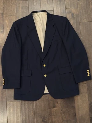 Savile Row Men’s 46R Navy Blue 2 Gold Button Wool Blazer Suit Jacket Single Vent - Image 1 of 4