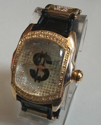 Мужская золотая отделка черный кожаный ремешок моды $ знак нарядный хип-хоп часы - Изображение 1 из 4