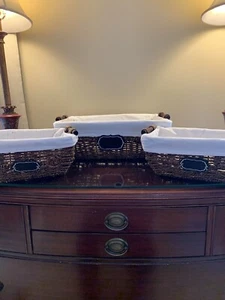 Household Essentials Three Woven Wicker Storage Baskets Lined Handle With Label - Picture 1 of 12