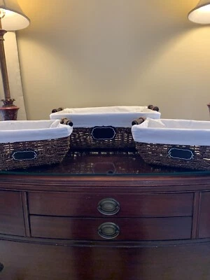 Household Essentials Three Woven Wicker Storage Baskets Lined Handle With Label - Image 1 of 4