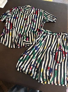 LAUREL Escada 2 Pc Vintage Black White striped Shorts Blouse Set 40 38 Paris - Picture 1 of 15