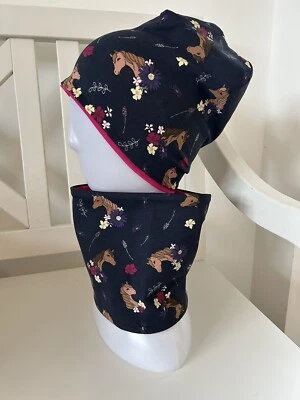 ANGIWITHLOVE Beanie Set Mütze Loop Kinder Pferd Pony Dunkelblau Pink handmade NEU Pferde