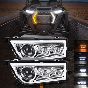 2x Chrome ATV LED Headlights w/ Turn Signal DRL For Polaris RZR XP 1000 GENERAL - Picture 1 of 10