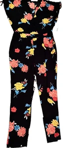 Dressy jumpsuit black floral surplice v-neck jumper JUST FAB size Large NWT - Picture 1 of 11