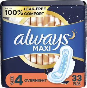Maxi Overnight Pads with Wings, Size 4, Overnight, Unscented, 33 CT - Picture 1 of 9