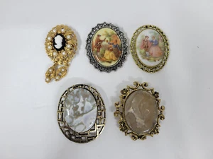 VINTAGE LOT OF 5  ECLECTIC BROOCHES  CAMEO/STONES/ENAMEL *READ* - Picture 1 of 7