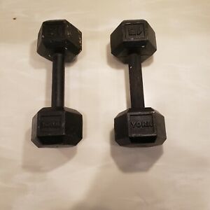 Two Vintage York 15 Lb Pound Dumbbell Hex Head Weight Cast Iron Strong Man Toy