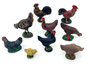 Lineol and Elastolin 1930s Flock 9 Chickens Comp Hens Roosters Chick Toy Figures - Picture 1 of 20