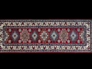 2x6 ft Handmade Kazak Runner Rug Narrow Tribal Geometric Design Red Teal Carpet - Picture 1 of 12