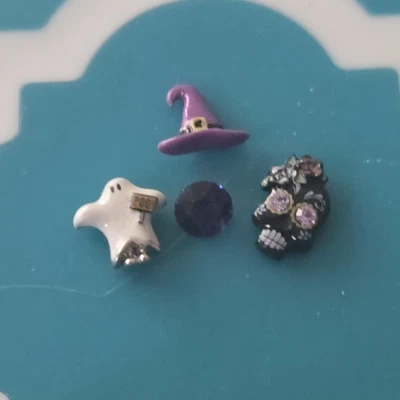 Origami Owl  4 CHARM SET:    WITCH Hat, GHOST, BLACK SUGAR SKULL, PURPLE CRYSTAL - Image 1 of 2