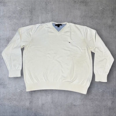 Tommy Hilfiger Men’s Cream V-Neck Sweater L Cotton Blend Classic Fit - Image 1 of 4