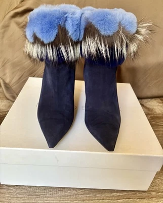 MANOLO BLAHNIK Booties Women's Size 38 Blue Suede with Fur Trim - Image 1 of 4