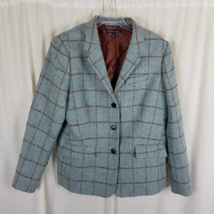 Brooks Brothers Moon Tweed Plaid Alpaca Wool Blazer Jacket Womens 16 Powder Blue - Picture 1 of 9