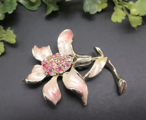 Strass Blume Brosche goldfarben Metall rosa Aurora Borealis Steine Vintage - Bild 1 von 8