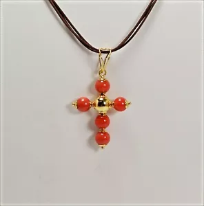 Colgante De Oro Amarillo 18 KT Coral Rojo Cruz Bolitas 6 Mm -OGDV 0135- - Imagen 1 de 3