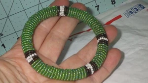 seed bead handmade bangle bracelet iridescent green white black 2.5X7/16" - Picture 1 of 3