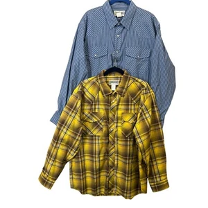 Set of 2 Haband Men Shirts Large Pearl Snap Button Yellow Plaid & Blue Stripe - Picture 1 of 13