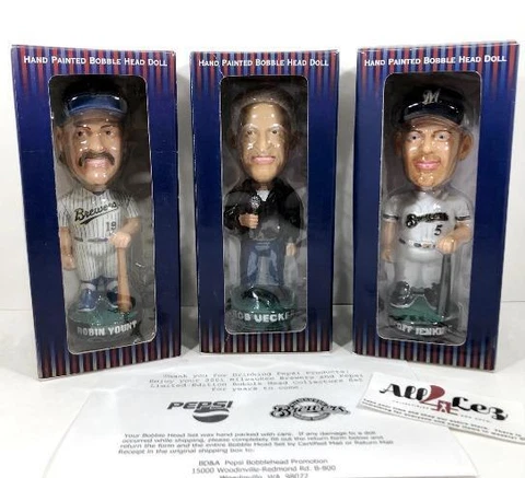 2001 MILWAUKEE BREWERS YOUNT UECKER JENKINS BOBBLEHEAD PEPSI SET w/ LETTER ~ NIB Cover