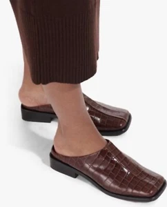 STAUD Olga Espresso Chocolate Brown Croc Embossed Mule Flats Size 6.5 - Picture 1 of 1