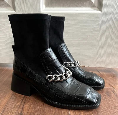 JEFFREY CAMPBELL Mujer Patrik Negro Cuero Repujado Calcetín Botines Mocasines Talla 8 Foto 1 de 4