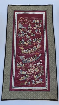Antique Chinese Silk Embroidery Panel Charming Boys and Dragon Boats 26" - Image 1 of 4