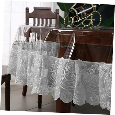 Clear Vinyl Tablecloth Protector Transparent PVC Lace Border 60" (Round) White - Image 1 of 4