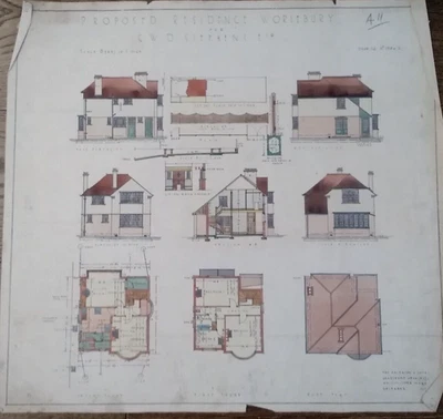 1927 Architect Hand Drawn Plan WORLEBURY Weston-S-Mare ART DECO HOUSE Original - Image 1 of 4
