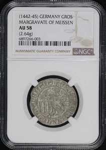 (1442-45) Germany Margravate of Meissen Silver Groschen (2.64g) MB#42 NGC AU-58 - Picture 1 of 2