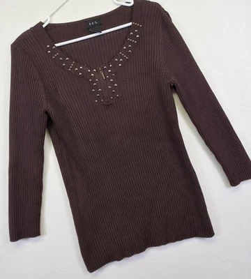 Suéter Top RQT Mujer L Marrón Tachonado Acanalado Tejido Elástico Y2K Clásico Capas Foto 1 de 4