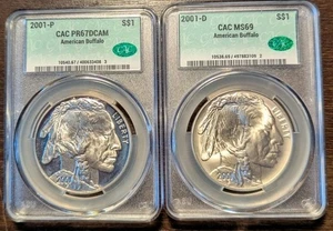 2001-P Proof & 2001-D Buffalo Commemorative Silver Dollar Set CACG Graded - Picture 1 of 2