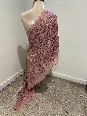 ROSE PINK  Embroidered  Chiffon Scarf Shawl  68x22 Wide - Image 1 of 4