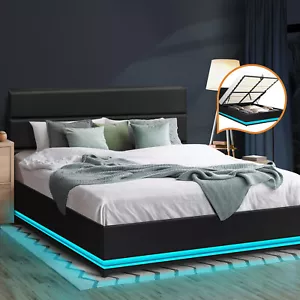 Oikiture RGB LED Bed Frame Queen Size Gas Lift Base With Storage Black Leather - Picture 1 of 10