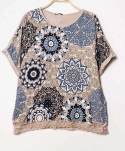 Bluse ITALY T Shirt Relaxed Ornamente Viskose Mandala Shirt Top 44 46 48 beige - Imagen 1 de 2