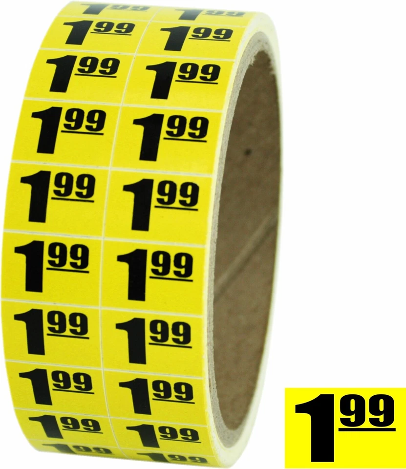 SQUARE DEAL RECORDINGS & SUPPLIES 1.99 $2 Sale Discount Price Labels Stickers DAY-GLO YELLOW .75"x.5" Store Use