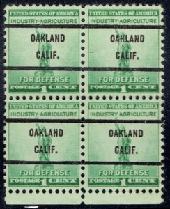 1940 1c War & Defense w/precancel f/OAKLAND CA 899-71 bottom margin Block of 4! - Picture 1 of 1