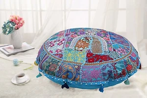 32 in Blue Round Bohemian Yoga Floor Cushion Patchwork Vintage Floor Pillow Case - Picture 1 of 7